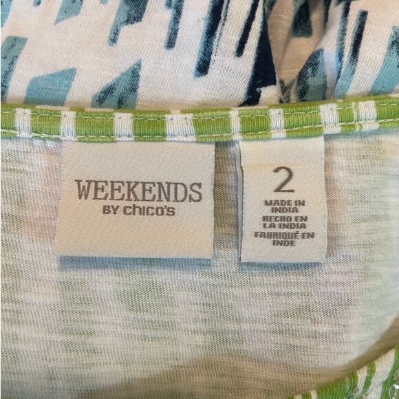 Chicos Women‎ Top L Blue Green 3/4 Sleeve Sequins Cotton Colorful Beachy Cruise - Picture 2 of 10